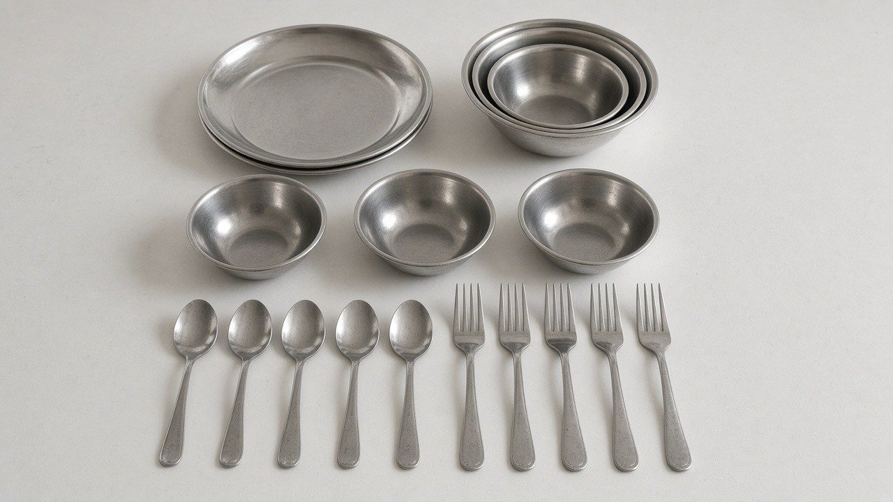 Stainless steel plates, bowls and cutlery set